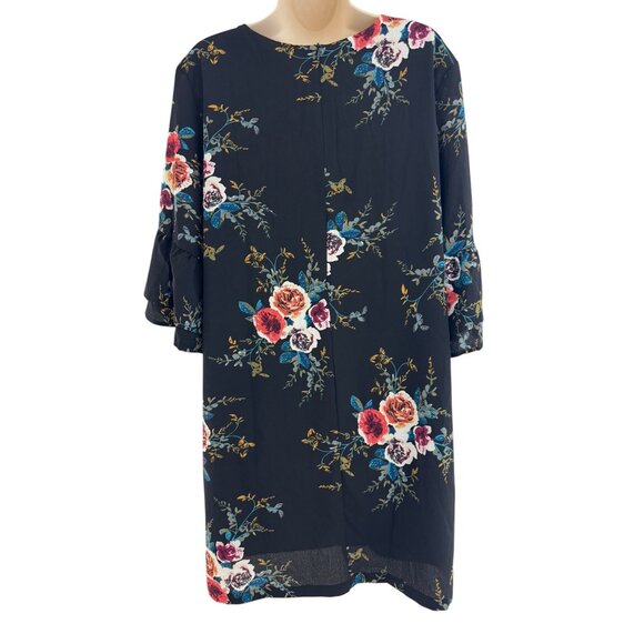 Black Fall Floral Print V-Neck Bell Sleeve Shift Mini Dress Size 2XL 16 18 Plus - Picture 4 of 7